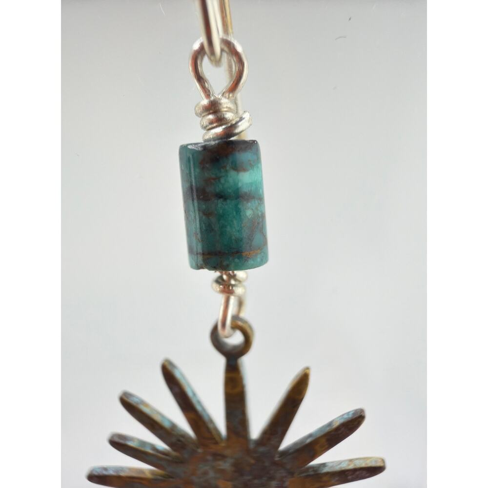 NEW Artisan Handcrafted Turquoise Sunburst Patina Metal Dangle Earrings - Picture 2 of 8